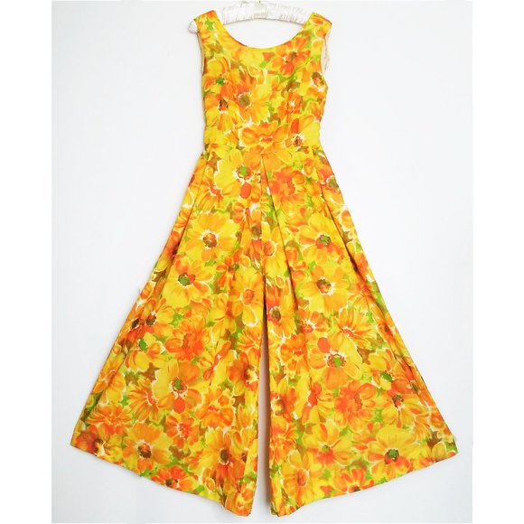 ANELA MAI Vintage 60s Womens Hawaiian Floral Jumpsuit Romper Bell-Leg Tropical